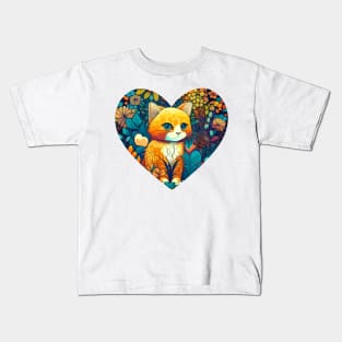 Floral Cat Botanical Plant Flower Cat Lover With Heart Kids T-Shirt